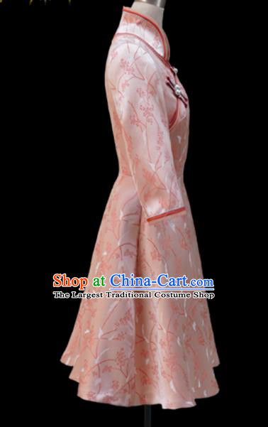 Traditional Chinese Mongol Ethnic National Pink Brocade Short Dress Mongolian Minority Folk Dance Costume for Women
