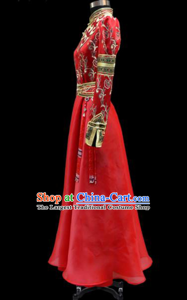 Traditional Chinese Mongol Ethnic National Red Long Dress Mongolian Minority Folk Dance Costume for Women