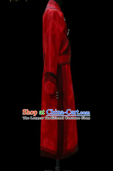 Chinese Traditional Mongol Ethnic National Red Brocade Robe Mongolian Minority Folk Dance Costume for Men