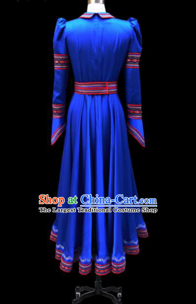 Traditional Chinese Mongol Ethnic National Royalblue Silk Dress Mongolian Minority Folk Dance Costume for Women