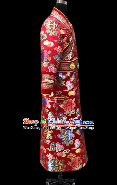 Chinese Traditional Mongol Ethnic Wedding Red Brocade Robe Mongolian Minority National Folk Dance Costume for Men