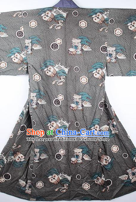 Japanese Traditional Printing Sakura Grey Kimono Asian Japan National Yukata Costume for Men