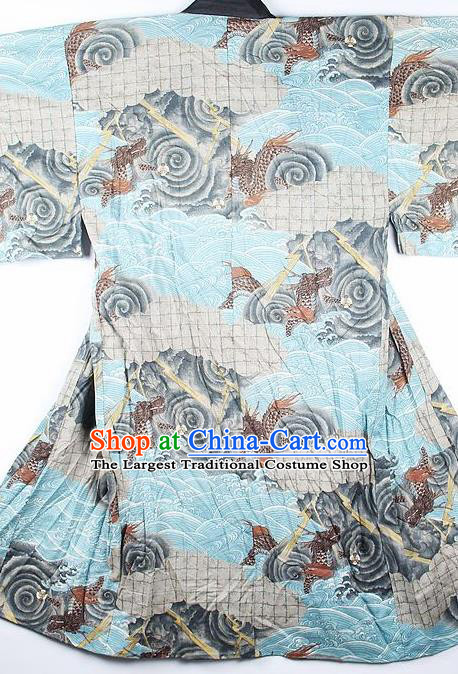 Japanese Traditional Printing Dragon Light Blue Kimono Asian Japan National Yukata Costume for Men