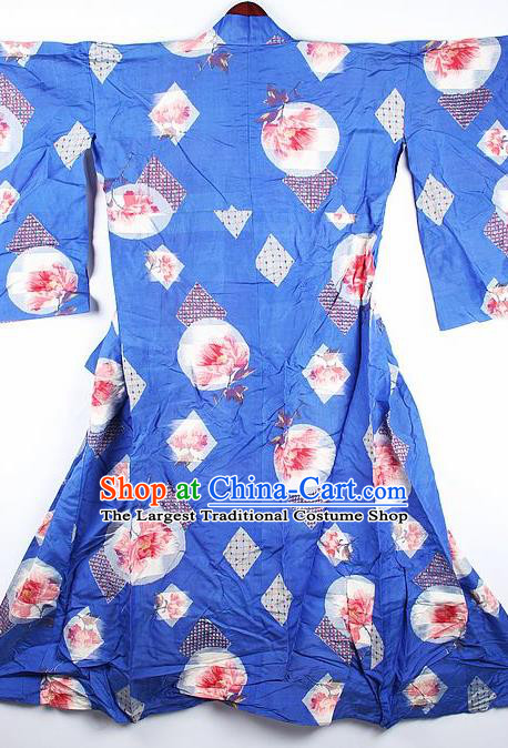 Japanese Traditional Printing Peony Blue Furisode Kimono Asian Japan National Yukata Dress Costume for Women