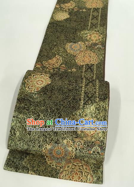 Japanese Traditional Kimono Classical Lotus Pattern Olive Green Brocade Belt Asian Japan National Yukata Waistband for Women