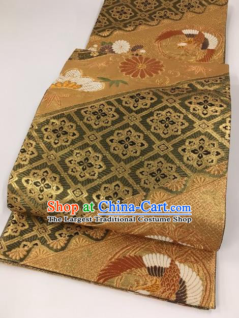 Japanese Kimono Classical Crane Chrysanthemum Pattern Bronze Brocade Belt Asian Japan Traditional National Yukata Waistband for Women