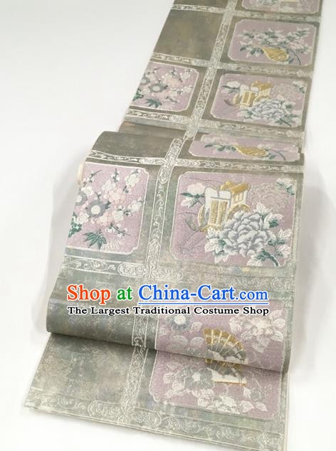 Japanese Kimono Classical Plum Peony Pattern Light Grey Brocade Belt Asian Japan Traditional National Yukata Waistband for Women