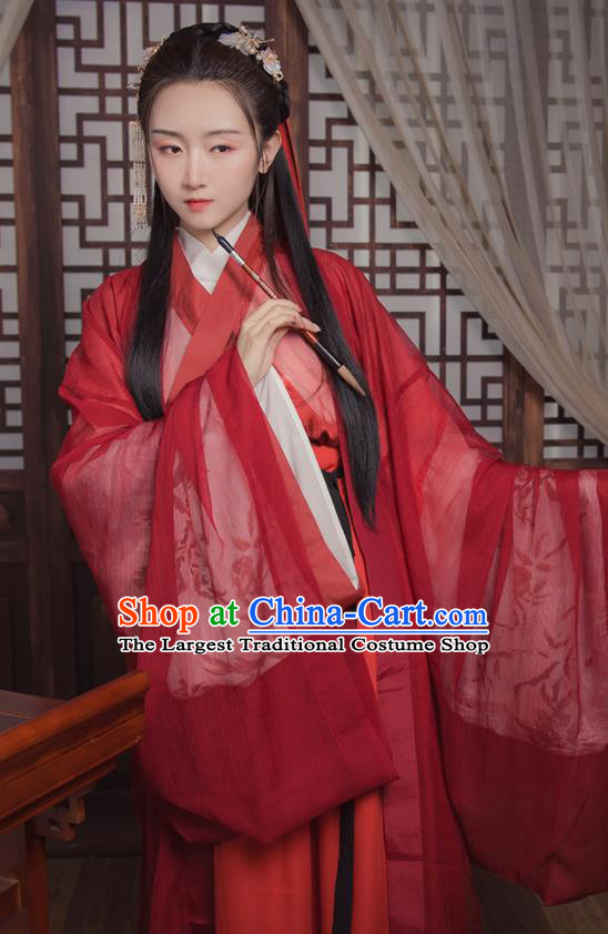 Ancient Chinese Jin Dynasty Wedding Replica Costume Traditional Court Princess Red Hanfu Dress for Women