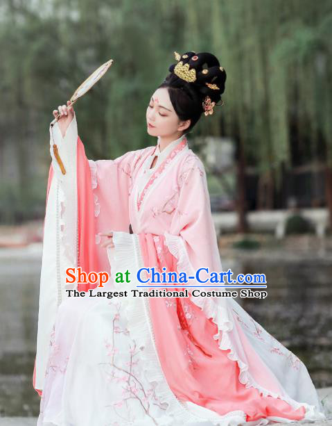 Ancient Chinese Jin Dynasty Court Princess Replica Costume Traditional Mythology Peri Pink Embroidered Hanfu Dress for Women