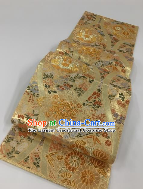 Japanese Kimono Classical Chrysanthemum Pattern Design Golden Brocade Belt Asian Japan Traditional National Yukata Waistband for Women