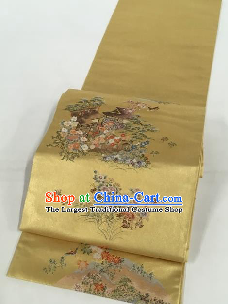 Japanese Kimono Classical Flowers Butterfly Pattern Design Golden Brocade Belt Asian Japan Traditional National Yukata Waistband for Women