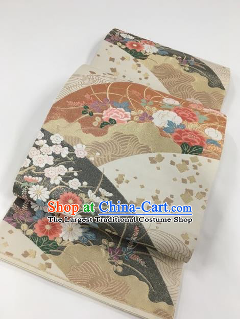 Japanese Kimono Classical Peony Pattern Design Beige Brocade Belt Asian Japan Traditional National Yukata Waistband for Women