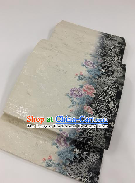 Japanese Kimono Classical Peony Pattern Design White Brocade Belt Asian Japan Traditional National Yukata Waistband for Women