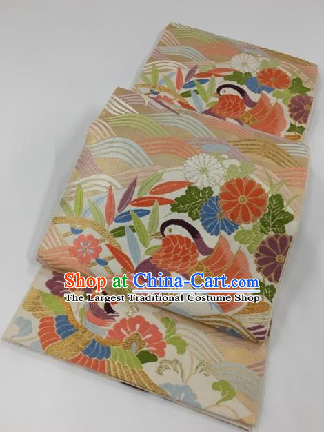 Japanese Kimono Classical Mandarin Duck Chrysanthemum Pattern Design Brocade Belt Asian Japan Traditional National Yukata Waistband for Women