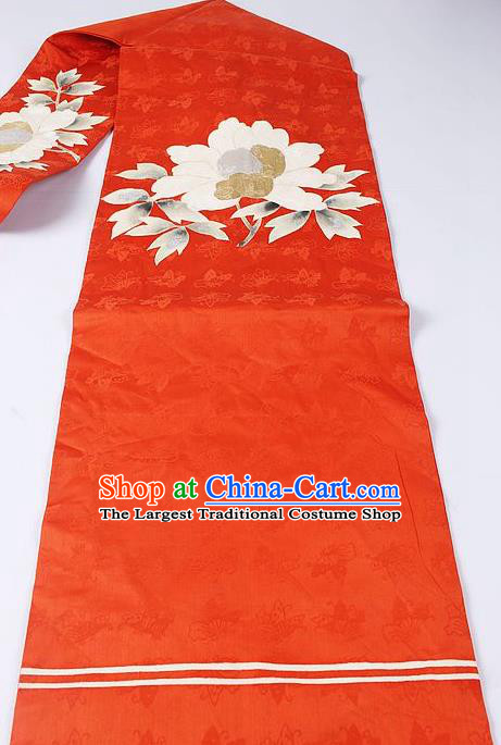 Japanese Kimono Classical Flower Pattern Design Red Brocade Belt Asian Japan Traditional National Yukata Waistband for Women