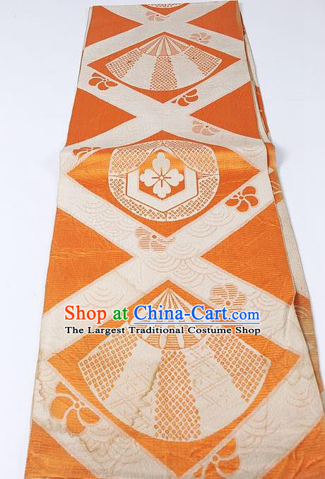 Japanese Kimono Classical Fan Pattern Design Orange Brocade Belt Asian Japan Traditional National Yukata Waistband for Women