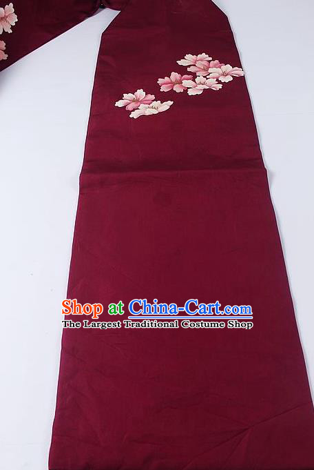 Japanese Ceremony Kimono Classical Flowers Pattern Design Wine Red Brocade Belt Asian Japan Traditional Yukata Waistband for Women