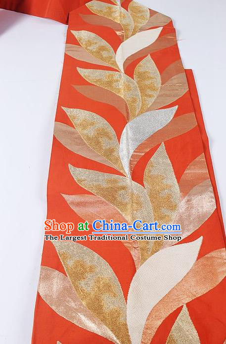 Japanese Ceremony Kimono Classical Leaf Pattern Design Orange Brocade Belt Asian Japan Traditional Yukata Waistband for Women