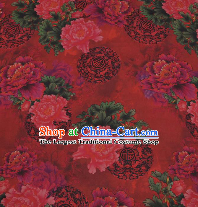 Traditional Chinese Red Gambiered Guangdong Gauze Silk Fabric Classical Peony Pattern Design Brocade Fabric Asian Satin Material