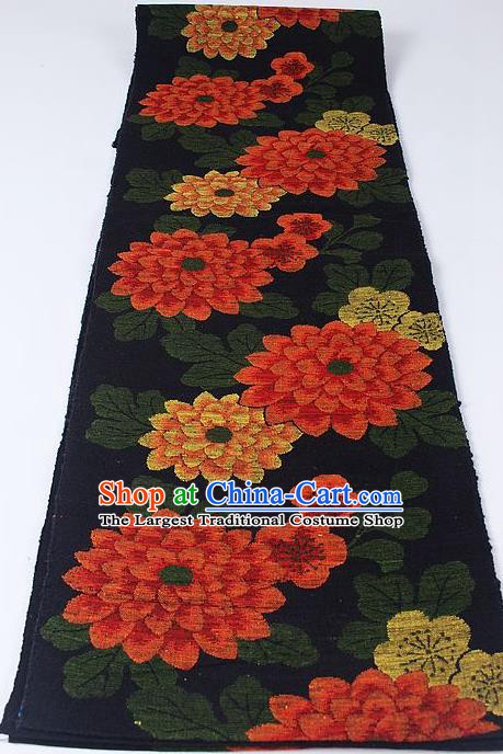 Japanese National Kimono Classical Peony Pattern Design Black Brocade Belt Asian Japan Traditional Yukata Waistband for Women