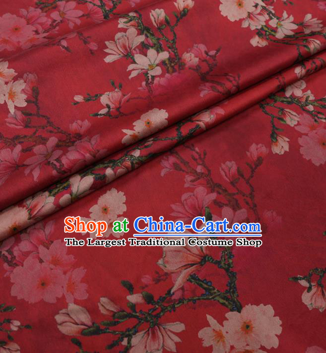 Traditional Chinese Red Gambiered Guangdong Gauze Classical Pear Flowers Pattern Design Silk Fabric