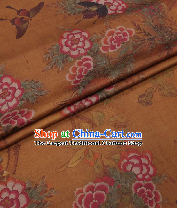 Traditional Chinese Yellow Gambiered Guangdong Gauze Classical Peony Butterfly Pattern Design Silk Fabric