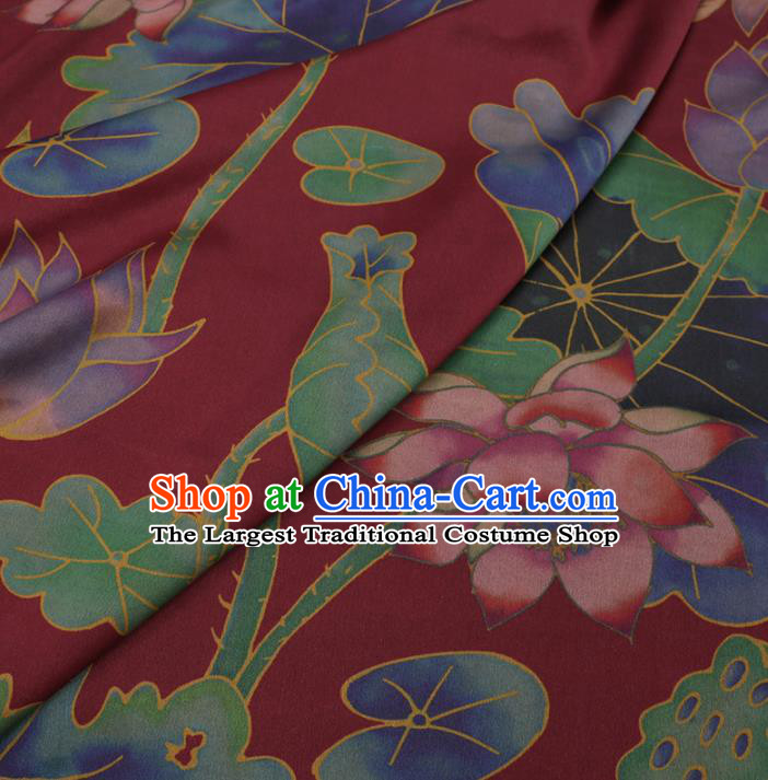 Traditional Chinese Wine Red Gambiered Guangdong Gauze Classical Lotus Pattern Design Silk Fabric