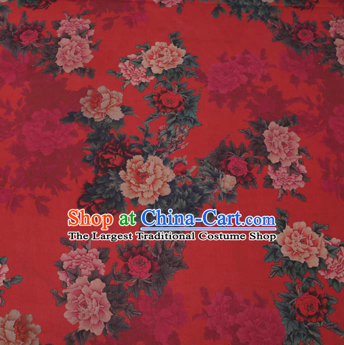 Traditional Chinese Red Gambiered Guangdong Gauze Classical Peony Pattern Design Silk Fabric