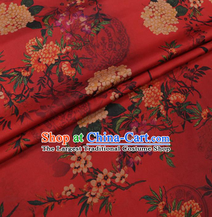 Traditional Chinese Classical Hydrangea Pattern Design Red Gambiered Guangdong Gauze Asian Brocade Silk Fabric