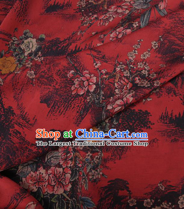 Traditional Chinese Classical Plum Blossom Pattern Design Red Gambiered Guangdong Gauze Asian Brocade Silk Fabric