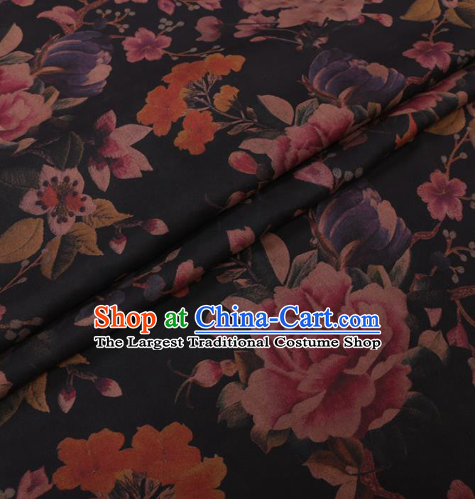 Traditional Chinese Classical Peony Pattern Design Black Gambiered Guangdong Gauze Asian Brocade Silk Fabric