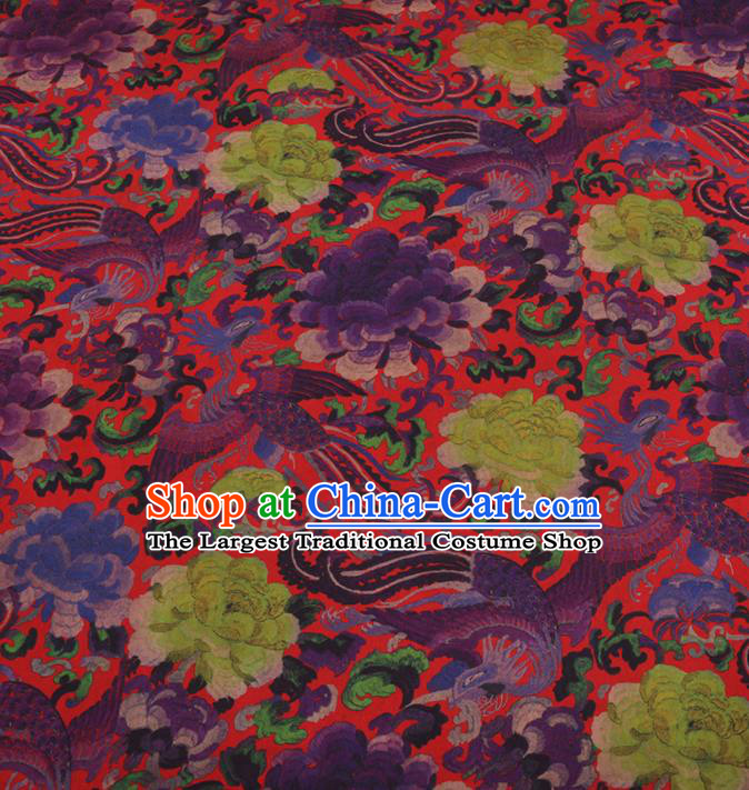 Traditional Chinese Classical Phoenix Peony Pattern Design Red Gambiered Guangdong Gauze Asian Brocade Silk Fabric