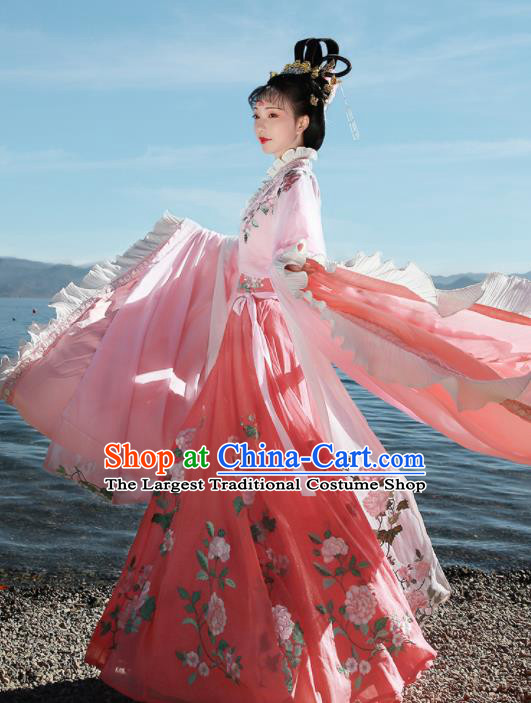 Ancient Chinese Legend Goddess Peony Pink Hanfu Dress Traditional Jin Dynasty Imperial Consort Embroidered Replica Costume for Women