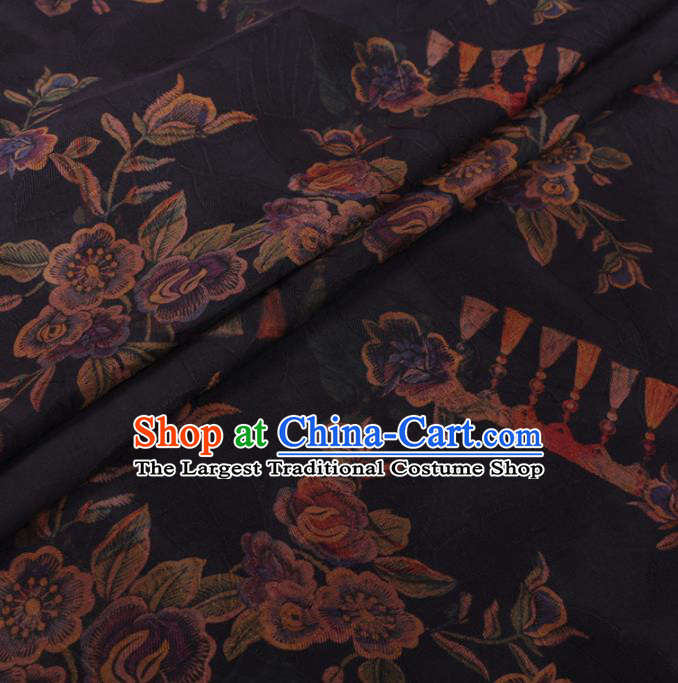 Traditional Chinese Classical Peach Flowers Pattern Design Navy Gambiered Guangdong Gauze Asian Brocade Silk Fabric