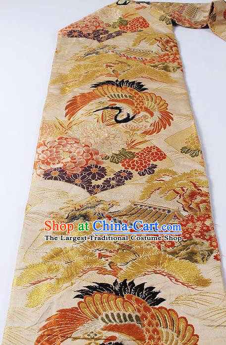 Japanese Traditional Yukata Accessories Classical Crane Pine Pattern Golden Brocade Belt Asian Japan Kimono Waistband for Women