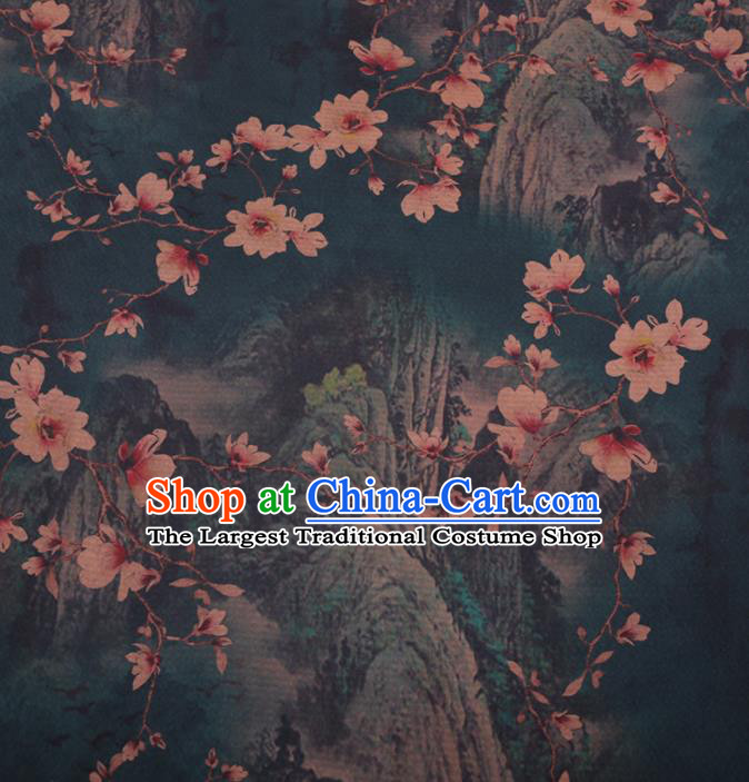 Traditional Chinese Classical Magnolia Pattern Design Dark Green Gambiered Guangdong Gauze Asian Brocade Silk Fabric