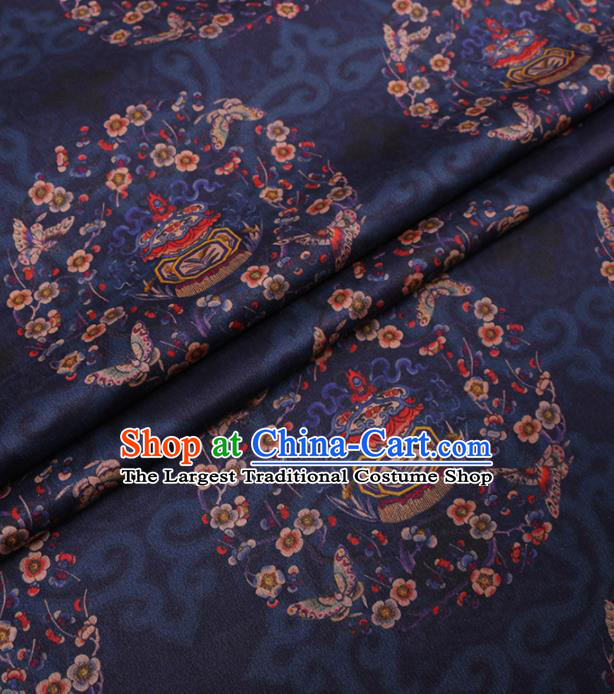 Traditional Chinese Classical Plum Blossom Pattern Design Navy Gambiered Guangdong Gauze Asian Brocade Silk Fabric