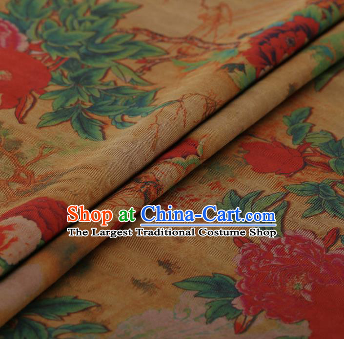 Traditional Chinese Classical Peony Pattern Design Yellow Gambiered Guangdong Gauze Asian Brocade Silk Fabric