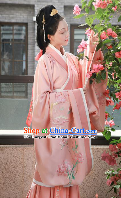 Chinese Ancient Han Dynasty Imperial Consort Pink Hanfu Dress Traditional Court Lady Embroidered Replica Costume for Women