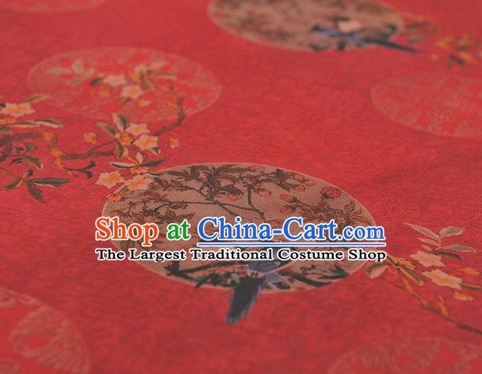 Chinese Traditional Magpie Pattern Design Red Gambiered Guangdong Gauze Asian Brocade Silk Fabric