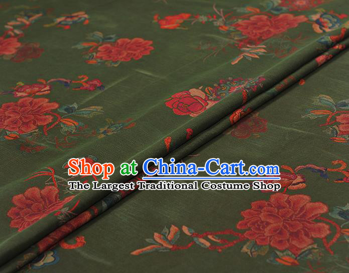 Chinese Traditional Peony Flowers Pattern Design Green Gambiered Guangdong Gauze Asian Brocade Silk Fabric