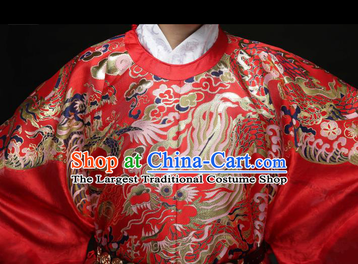 Chinese Ancient Ming Dynasty Bridegroom Hanfu Red Robe Traditional Wedding Embroidered Replica Costume for Men
