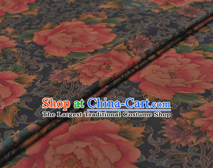 Chinese Traditional Peony Pattern Design Navy Gambiered Guangdong Gauze Asian Brocade Silk Fabric