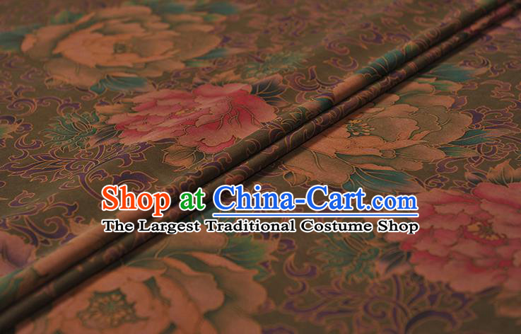 Chinese Traditional Peony Pattern Design Olive Green Gambiered Guangdong Gauze Asian Brocade Silk Fabric