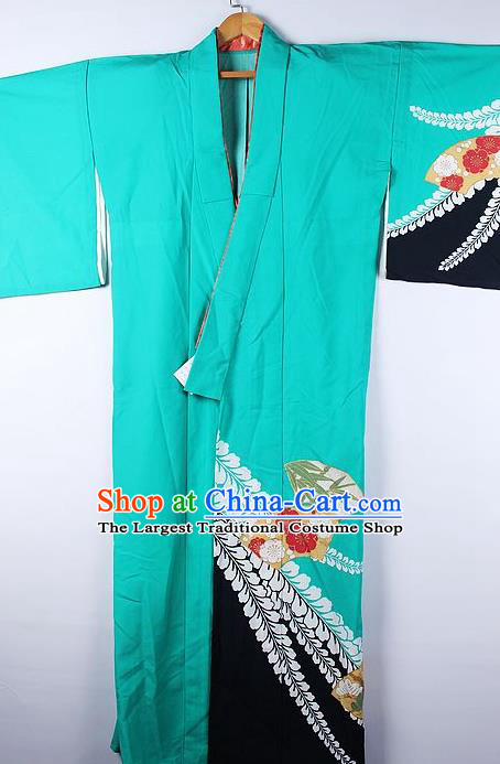Asian Japanese National Printing Sakura Green Furisode Kimono Ceremony Costume Traditional Japan Yukata Dress for Women