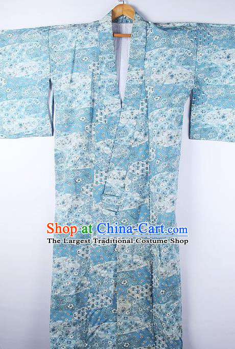 Asian Japanese Ceremony Clothing Classical Sakura Pattern Blue Kimono Traditional Japan National Yukata Costume for Men
