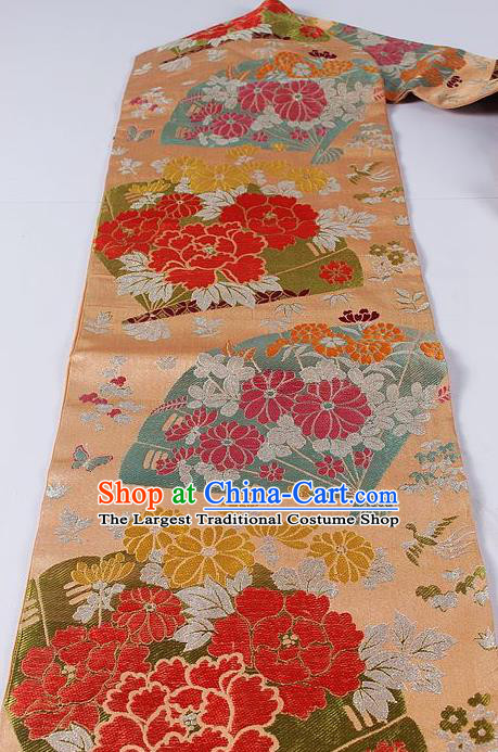 Asian Japanese Accessories Yukata Classical Peony Pattern Orange Brocade Belt Japan Traditional Kimono Waistband for Women