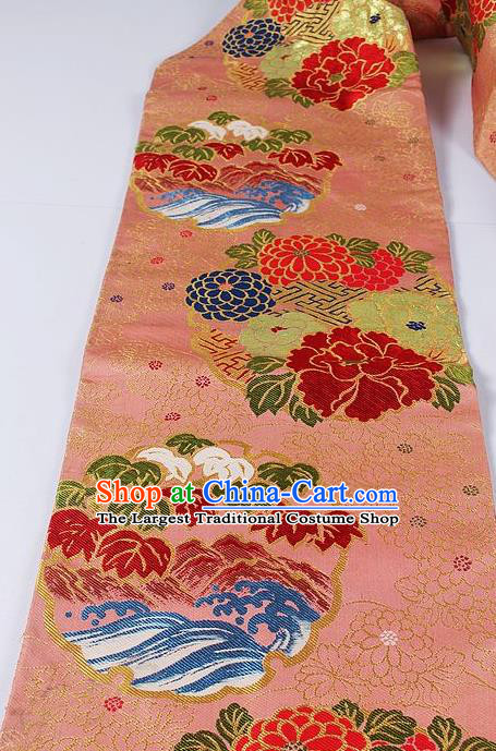 Asian Japanese Kimono Accessories Classical Peony Pattern Orange Brocade Belt Traditional Yukata Waistband for Women