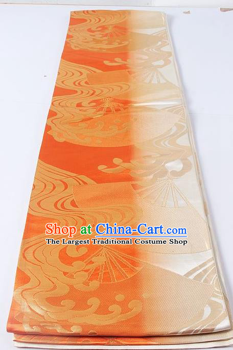 Asian Japanese Yukata Accessories Classical Fan Pattern Orange Brocade Belt Japan Traditional Kimono Waistband for Women