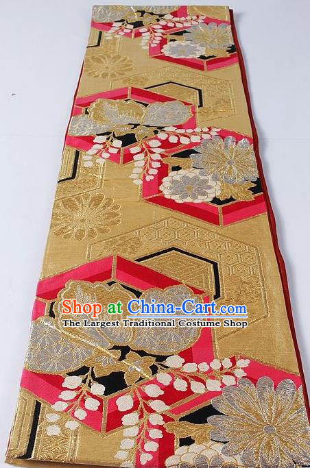 Asian Japanese Yukata Accessories Classical Daisy Pattern Golden Brocade Belt Japan Traditional Kimono Waistband for Women